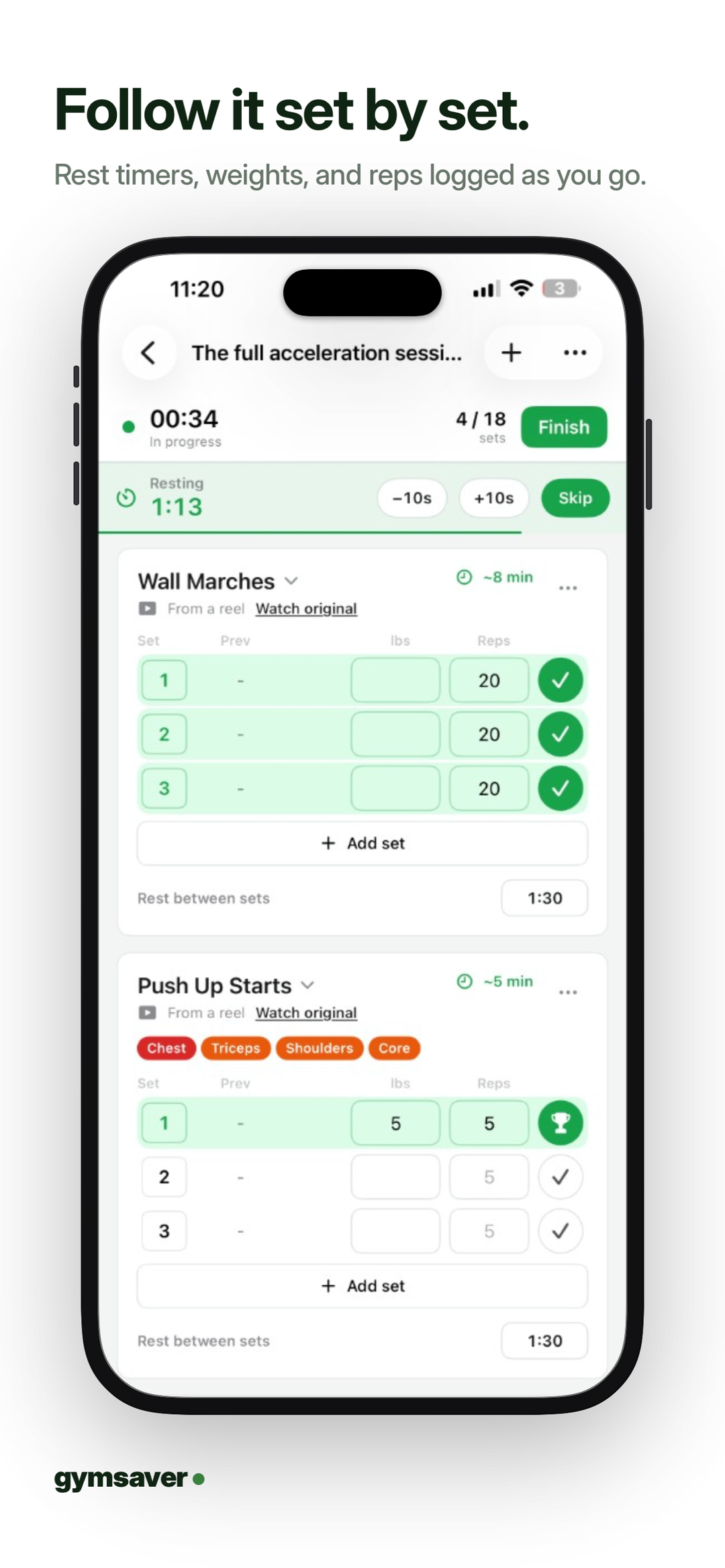 Follow it set by set. Workout player with rest timer and set logging.